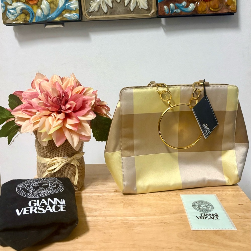 Vintage Versace Gold and Cream Checkered Clutch